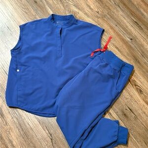 Figs Royal Blue Sleeveless Top and Joggers with Red Accent